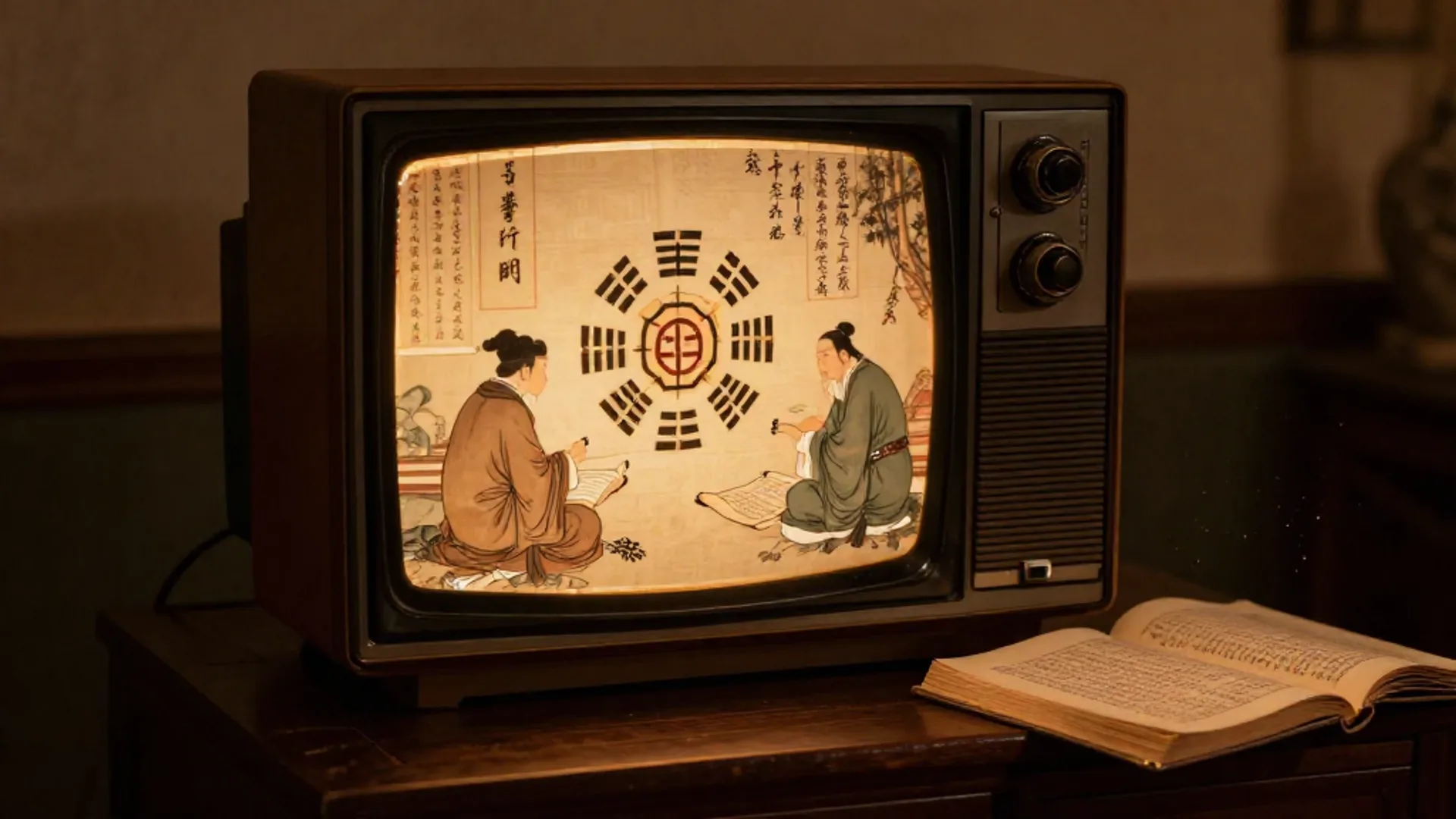 Vintage television displaying classical Chinese scroll with I-Ching hexagrams